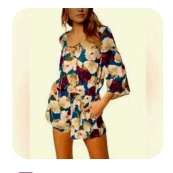 O'Neill Pants - O'Neill Floral Romper - Long Sleeve, Pocket, Keyhole Back, Tie Front, Elastic SM